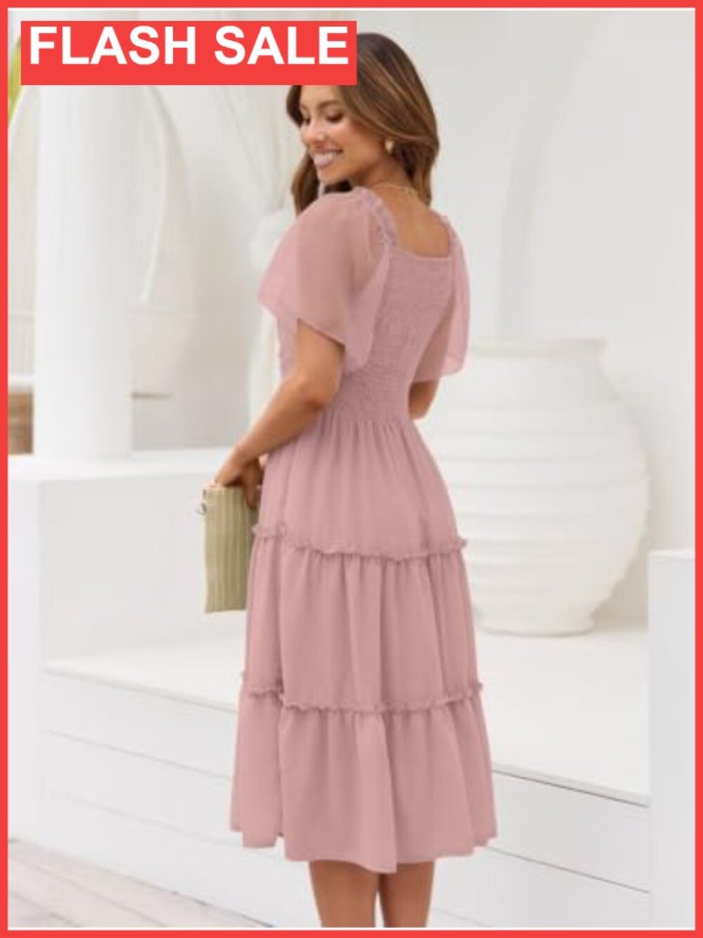 Women Tiered Flutter Sleeve Square Neck Smocked Midi Dress - Picture 3 of 5